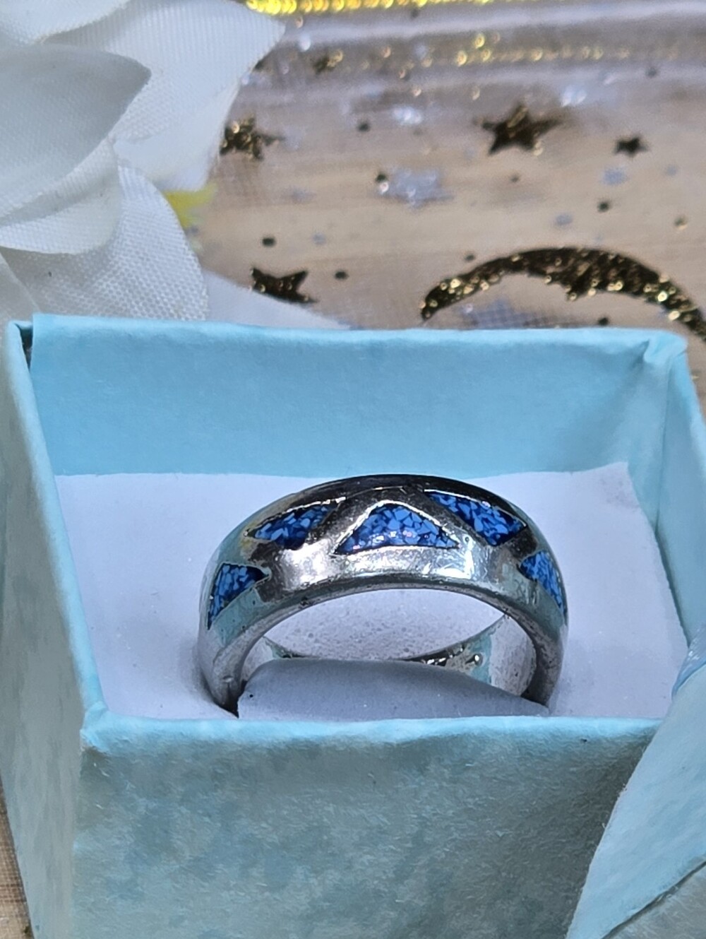 Blue Inlay Sterling-Color Dome Ring